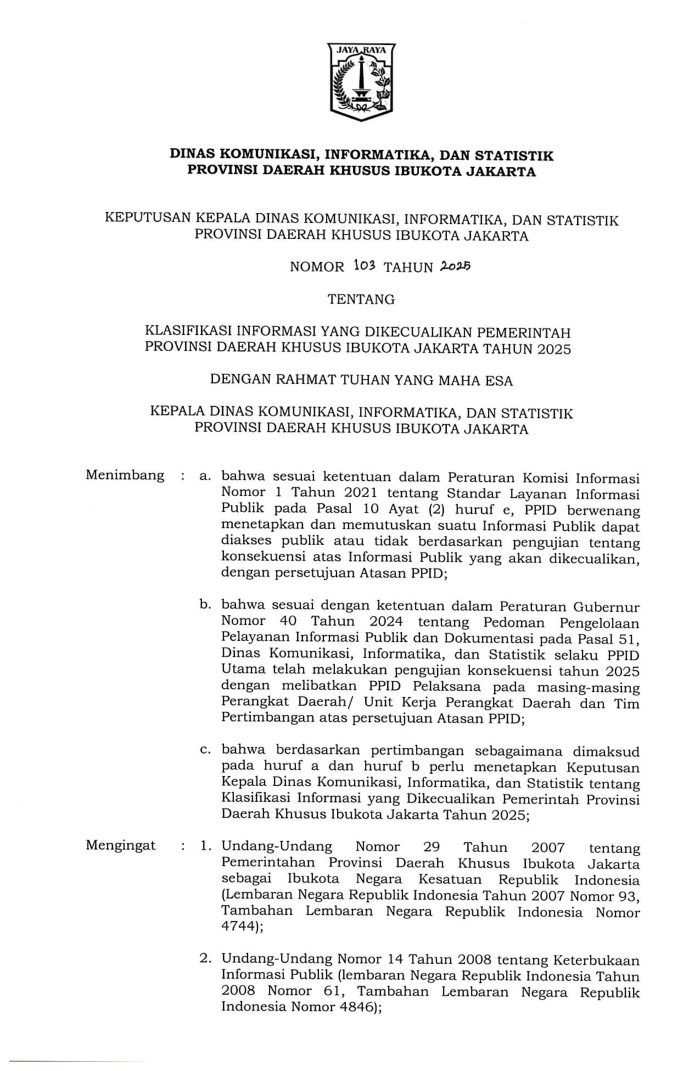 Sampul Klasifikasi Informasi yang Dikecualikan Pemerintah Provinsi DKI Jakarta Tahun 2025