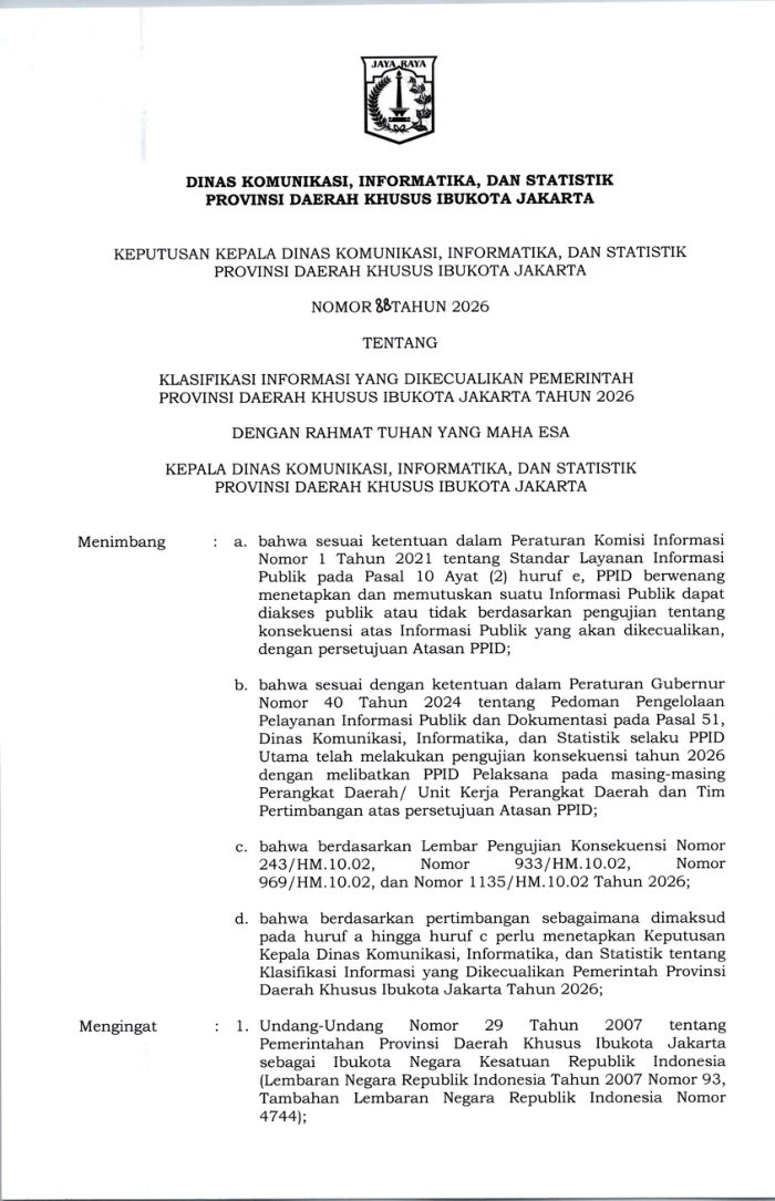 Sampul Klasifikasi Informasi yang Dikecualikan Pemerintah Provinsi DKI Jakarta Tahun 2026